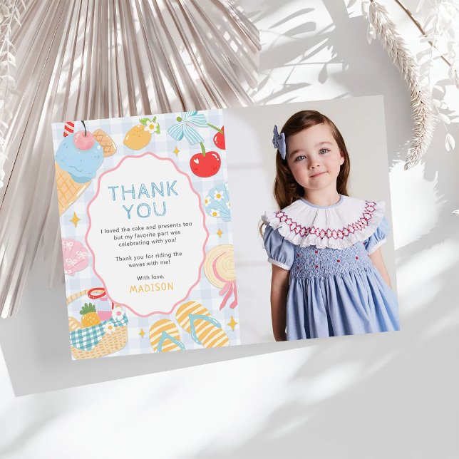 Coastal Beach Pastel Doodle Girls Birthday Photo Dankeskarte (Von Creator hochgeladen)