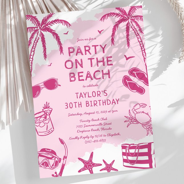 Coastal Beach Pink Doodle Geburtstagsparty Einladung (Von Creator hochgeladen)