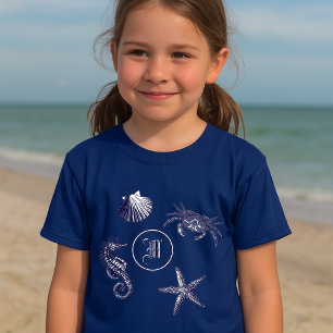 Coastal Beach Seepferd Starfish Crab Monogram T-Shirt
