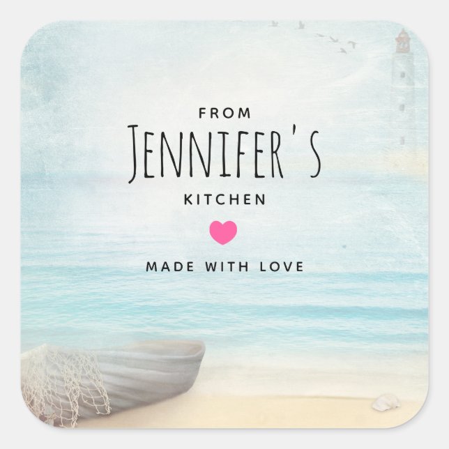 Coastal Beach Szene mit Holzrowboat Küche Quadratischer Aufkleber (Vorderseite)