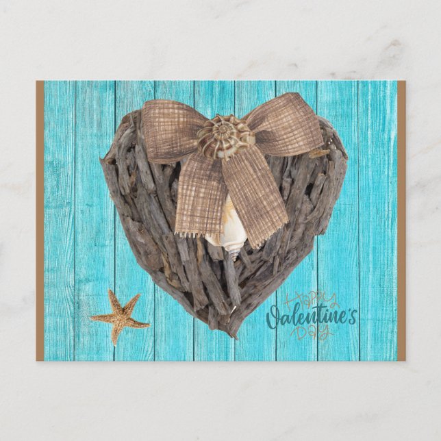Coastal Beach Thema Driftwood Heart Valentinstag Postkarte (Vorderseite)