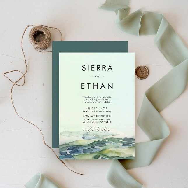 Coastal Beach Tide Pool kühl Grün Moderne Hochzeit Einladung (coastal wedding invitation rocky beach tide pool sea sage green ecru elegant romantic bright)