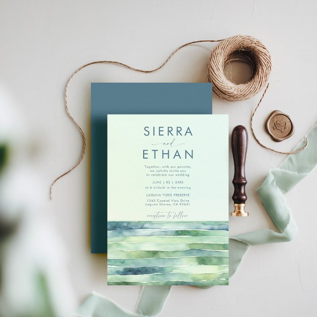 Coastal Beach Tide Pool Meer Moderne Streifen Hoch Einladung (coastal wedding invitation rocky beach tide pool sea sage green navy stripes elegant modern romantic)