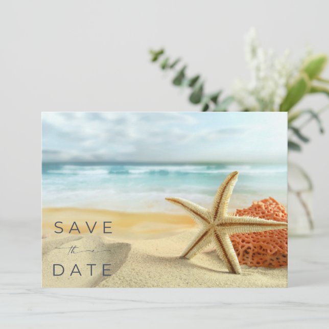 Coastal Beach Wedding Foto Save The Date (Stehend Vorderseite)