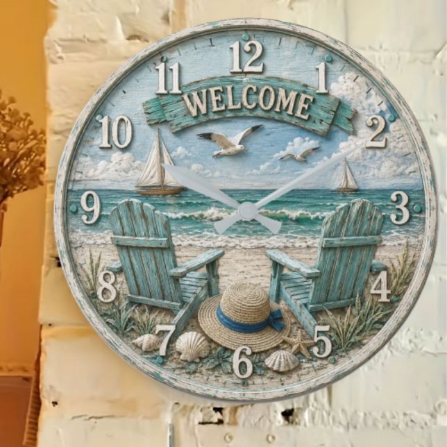 Coastal Beach Welcome Nautical Ocean Decor  Große Wanduhr (Von Creator hochgeladen)