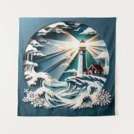 Coastal Beacon: Ein Papercut Art Lighthouse Scene Wandteppich
