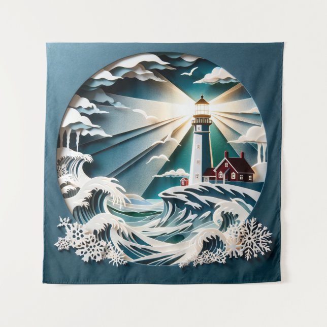 Coastal Beacon: Ein Papercut Art Lighthouse Scene Wandteppich (Vorderseite)