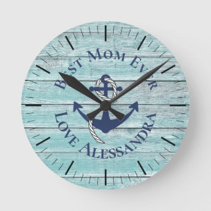 Coastal Best Mother Anchor Weathered teal wood Runde Wanduhr