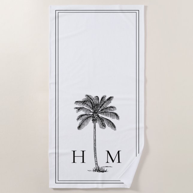 Coastal Black and White Palmetto Palm Monogram Strandtuch (Vorderseite)