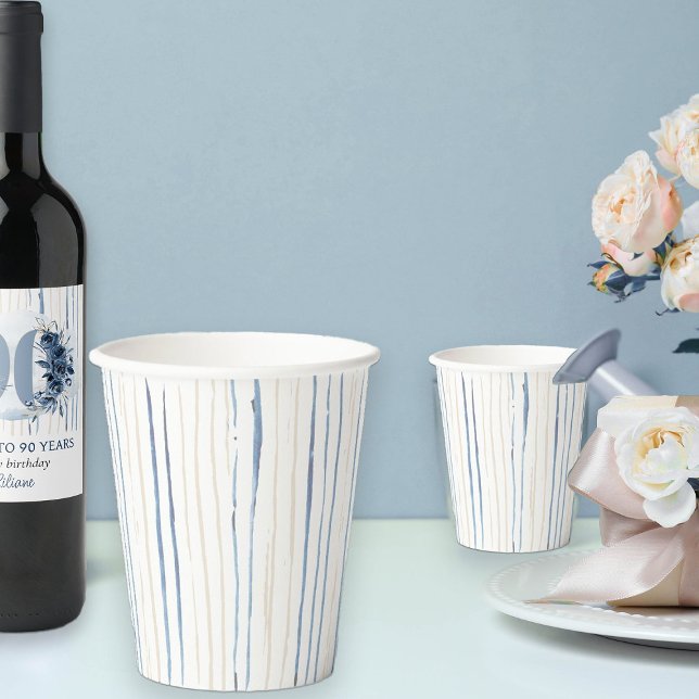 Coastal Blue and Sand Brushhub Strichen Pappbecher (Watercolor Striped paper cups from my Floral Number Birthday Party Collection)