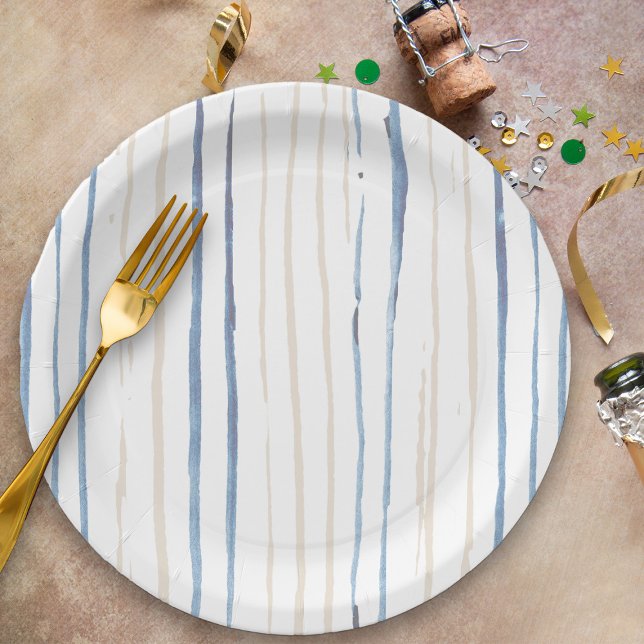 Coastal Blue and Sand Brushhub Strichen Pappteller (Watercolor Striped Party Plates from my Floral Number Birthday Party Collection)