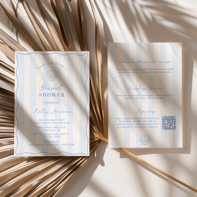 Coastal Blue And White Bridal Shower Einladung (Elegant and understated coastal themed double-sided bridal shower invitation with QR code)