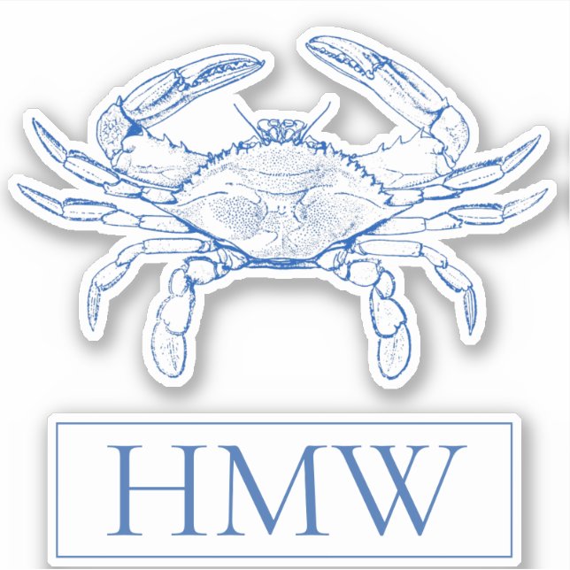 Coastal Blue and White Crab Monogram Aufkleber (Vorderseite)