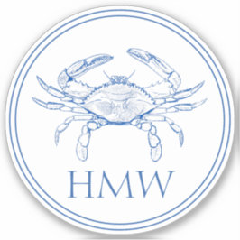 Coastal Blue and White Crab Monogram Aufkleber