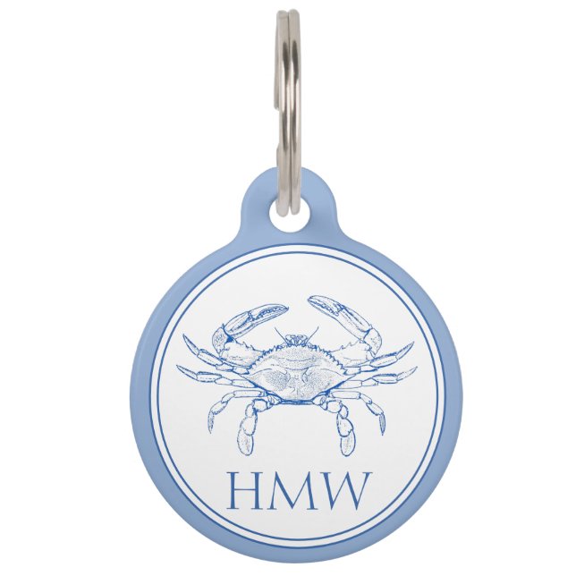 Coastal Blue and White Crab Monogram Haustiermarke (Vorderseite)