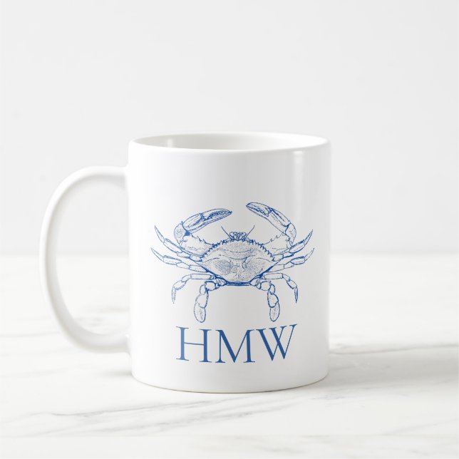 Coastal Blue and White Crab Monogram Kaffeetasse (Links)