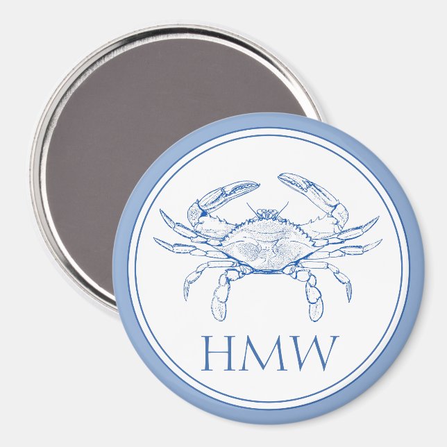 Coastal Blue and White Crab Monogram Magnet (Vorderseite/Rückseite)