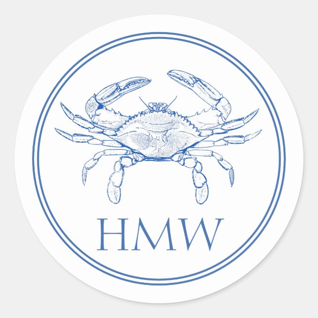 Coastal Blue and White Crab Monogram Runder Aufkleber (Vorderseite)