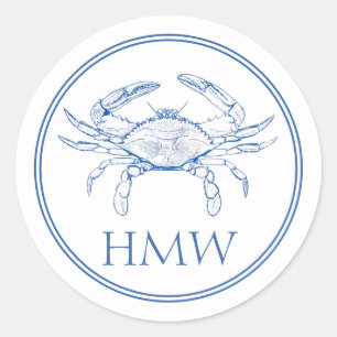 Coastal Blue and White Crab Monogram Runder Aufkleber