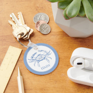 Coastal Blue and White Crab Monogram Schlüsselanhänger