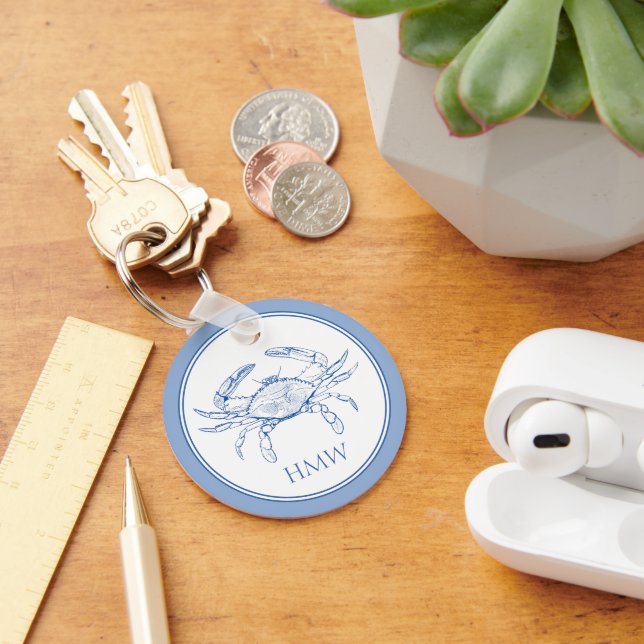 Coastal Blue and White Crab Monogram Schlüsselanhänger (Schreibtisch)