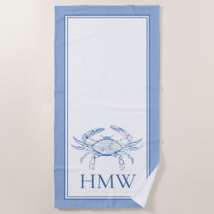 Coastal Blue and White Crab Monogram Strandtuch