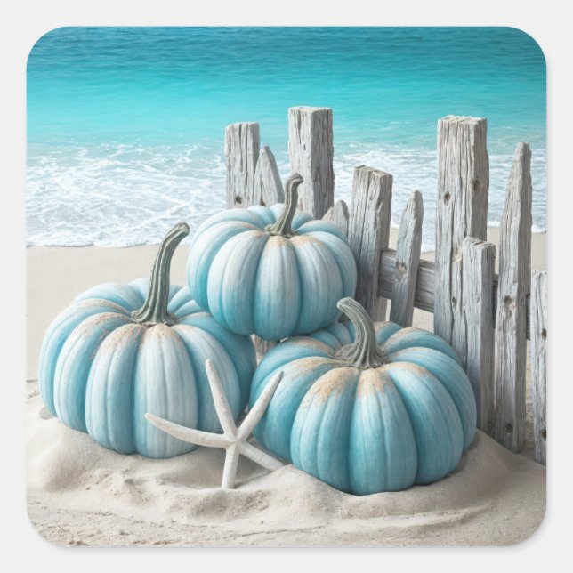 Coastal Blue Beach Pumpkins Quadratischer Aufkleber (Vorderseite)