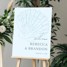 Coastal Blue Beach Seashell Wedding Welcome Sign