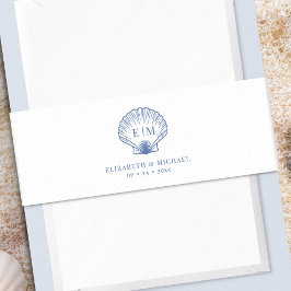 Coastal Blue Beach Shell Monogram Wedding Einladungsbanderole