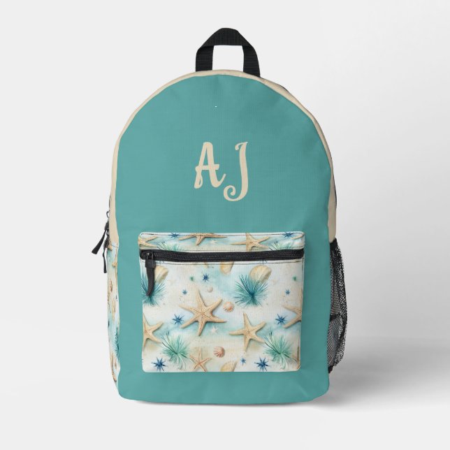 Coastal Blue & Beige Starfish Personalisiert Bedruckter Rucksack (Vorderseite)