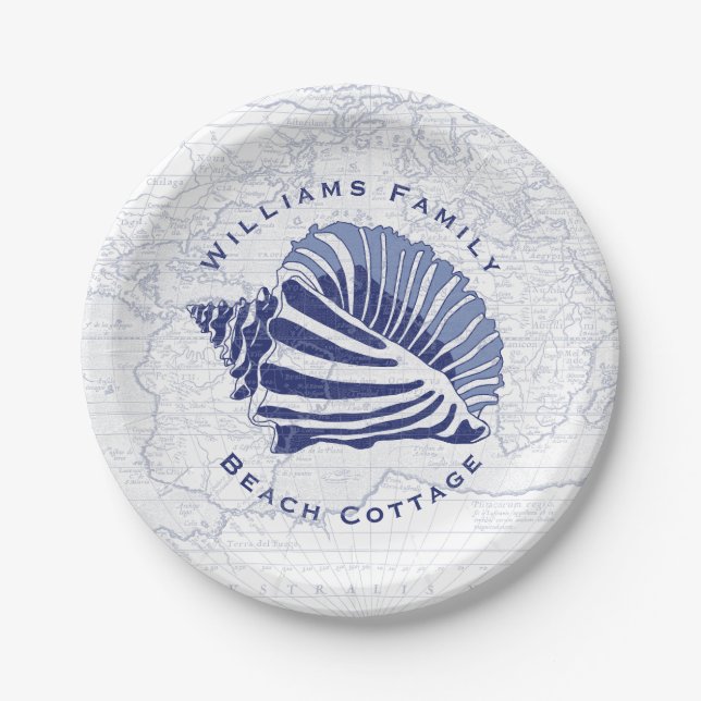 Coastal Blue Conch Seashell Familienname Pappteller (Vorderseite)