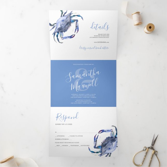 Coastal Blue Crab Trifold Wedding Einladung (Innenseite)