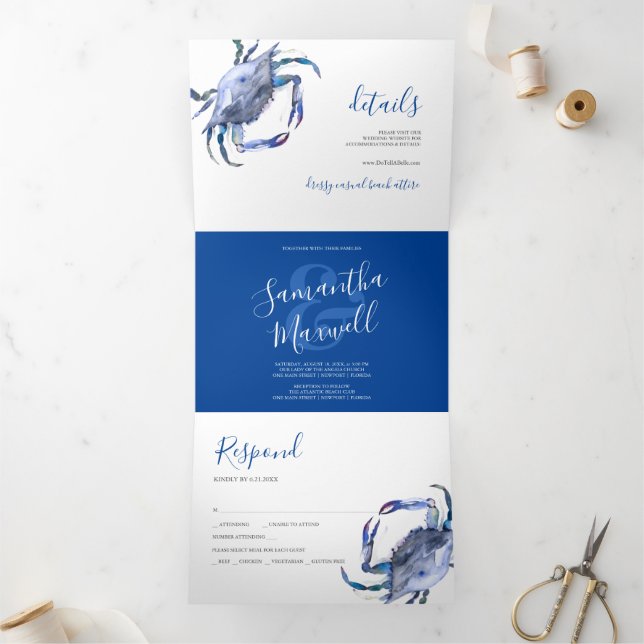 Coastal Blue Crab Trifold Wedding Einladung (Innenseite)