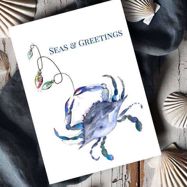 Coastal Blue Crab Watercolor Beach Weihnachten Karte (Beach Christmas cards watercolor blue crab and holiday lights by Victoria Grigaliunas DoTellABelle)