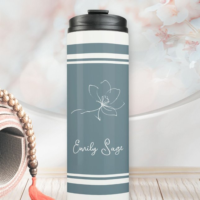 Coastal Blue Ivory Floral Line Art Striped Thermosbecher (Minimalist Floral Line Art Zen Coastal Blue Ivory Thermal Tumbler ©Sachers - Sunny Wanderlust 🌞✈️)