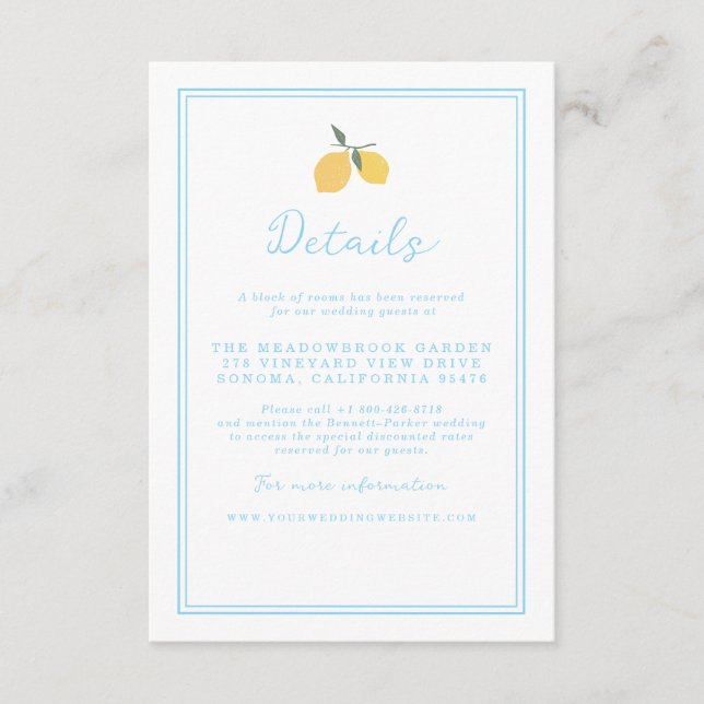 Coastal Blue Lemon Amalfi Wedding Details Card Begleitkarte (Vorderseite)