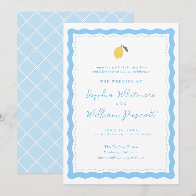 Coastal Blue Lemon Amalfi Wedding Invitation Einladung (Vorne/Hinten)