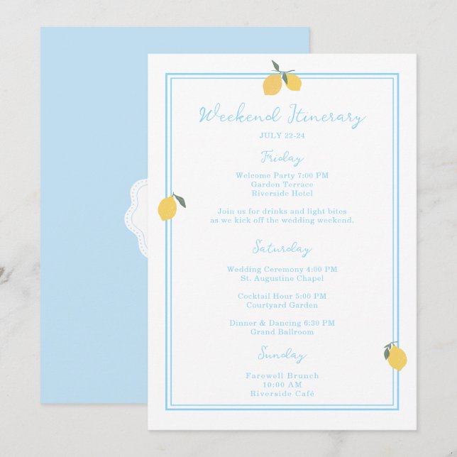 Coastal Blue Lemon Amalfi Wedding Itinerary Card Einladung (Vorne/Hinten)