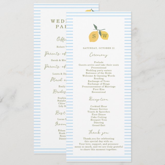 Coastal Blue Lemon Amalfi Wedding Program Card Einladung (Vorne/Hinten)