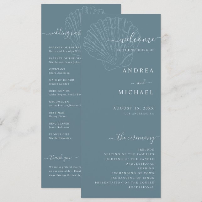 Coastal Blue Nautical Hand Drawn Seashell Wedding Programm (Vorne/Hinten)