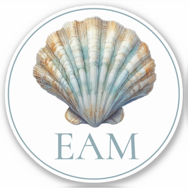 Coastal Blue Scallop Seashell Monogram Aufkleber (Vorderseite)