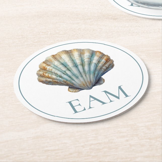 Coastal Blue Scallop Seashell Monogram Runder Pappuntersetzer (Angewinkelt)