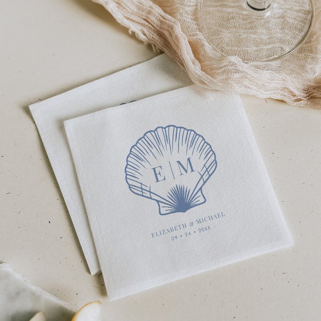 Coastal Blue Seashell Monogram Wedding Serviette (Von Creator hochgeladen)