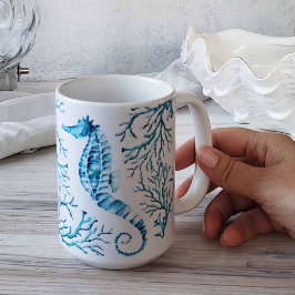 Coastal Blue Seepferd und Coral Watercolor Kaffeetasse