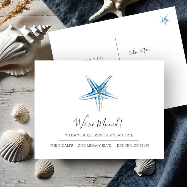 Coastal Blue Starfish Ankündigung über Zuhause Mov Postkarte (New address moving announcement postcards watercolor starfish art by Victoria Grigaliunas )