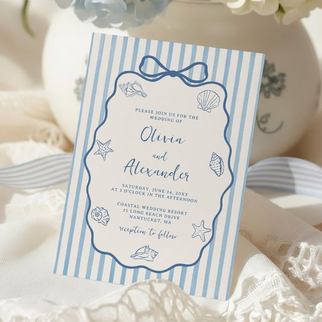 Coastal Blue Stripe Whimsical Hand Drawn Wedding Einladung (Von Creator hochgeladen)