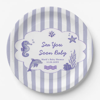 Coastal Blue Striped Sea You Soon Baby Shower Pappteller