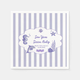 Coastal Blue Striped Sea You Soon Baby Shower Serviette