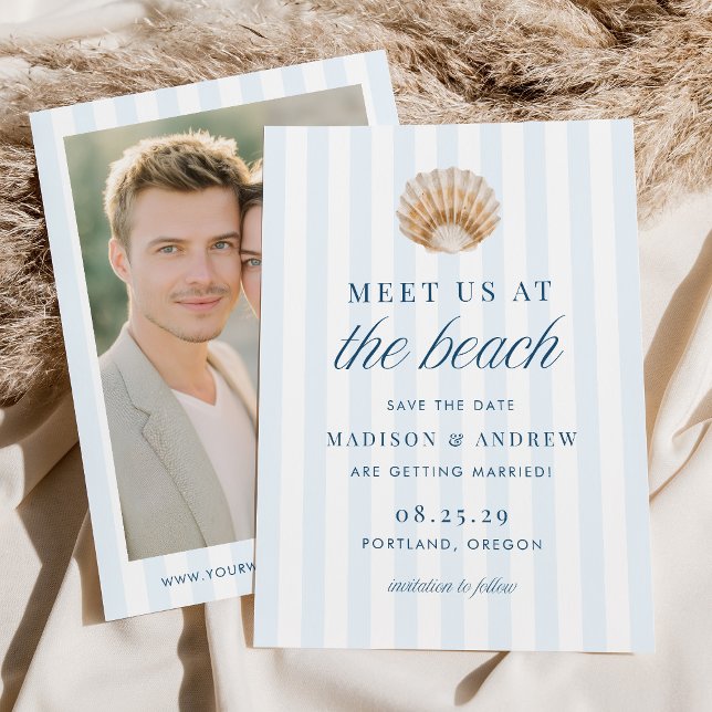 Coastal Blue Stripes Shell Beach Photo Wedding Save The Date (Von Creator hochgeladen)