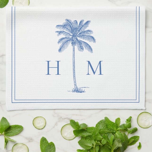 Coastal Blue und White Palmetto Palm Monogram Geschirrtuch (Gefaltet)